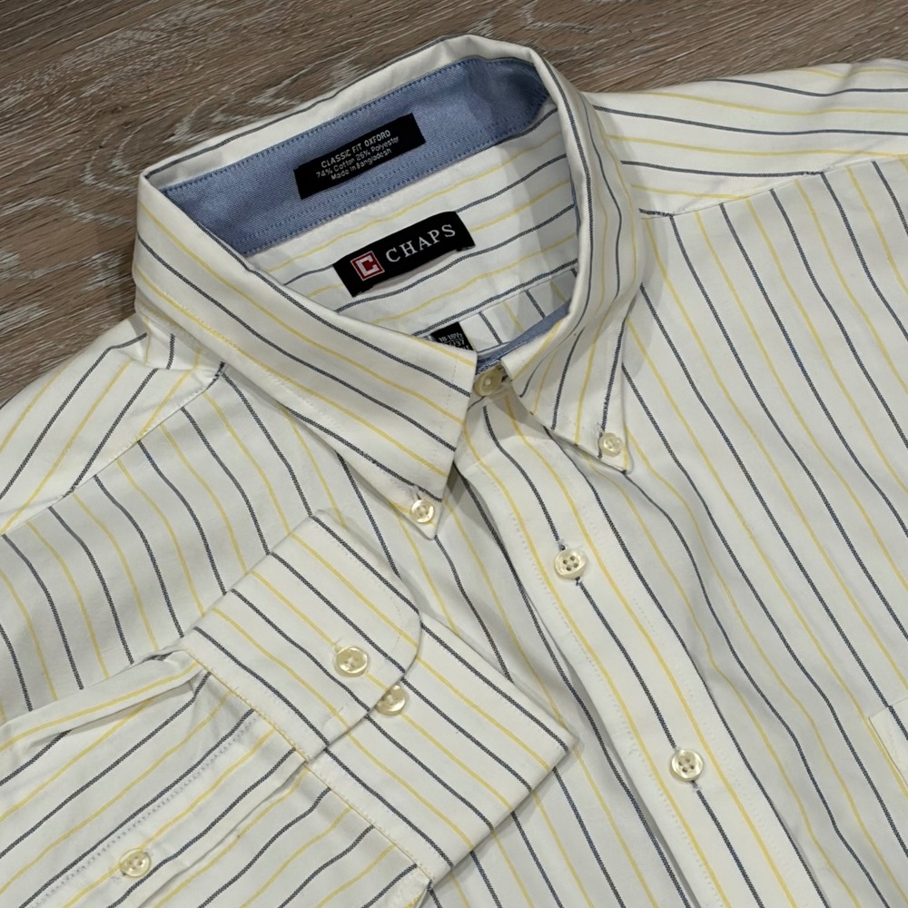 Chaps Mens Classic Fit Oxford Shirt White Yellow Blue Striped Wrinkle Free 18.5